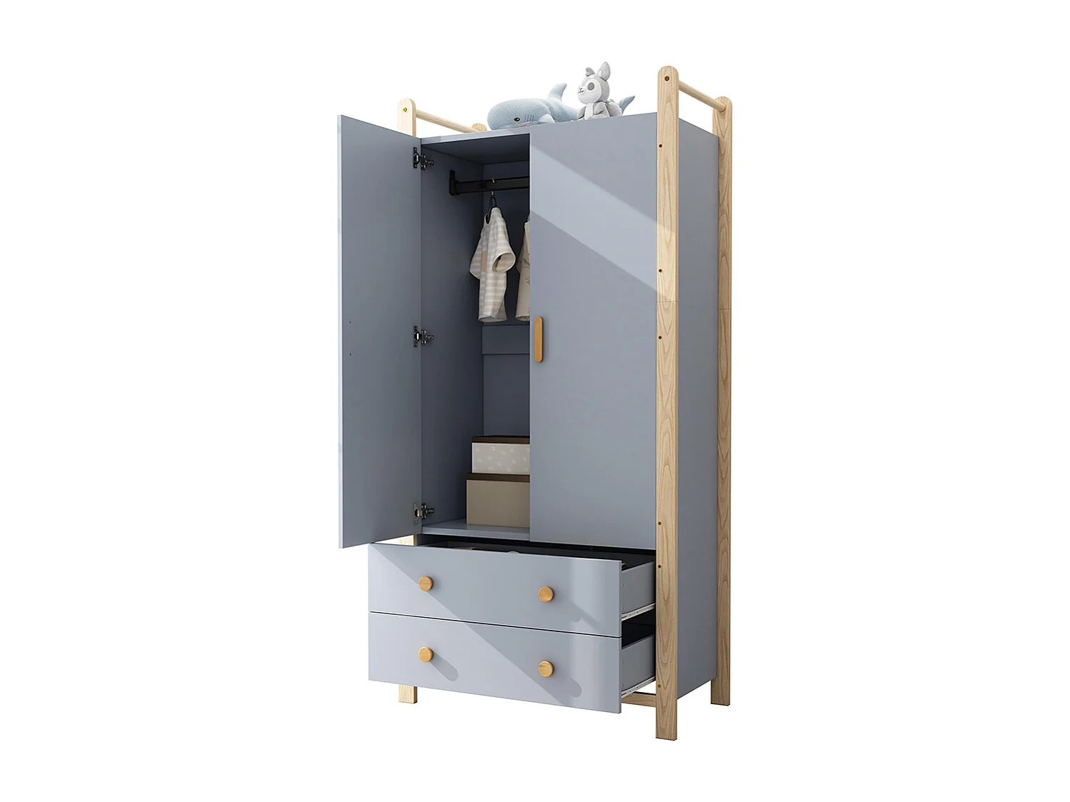 Armoire double porte battante combinée armoire étagère ensemble enfant tringle tiroirs épicéa bleu bois naturel