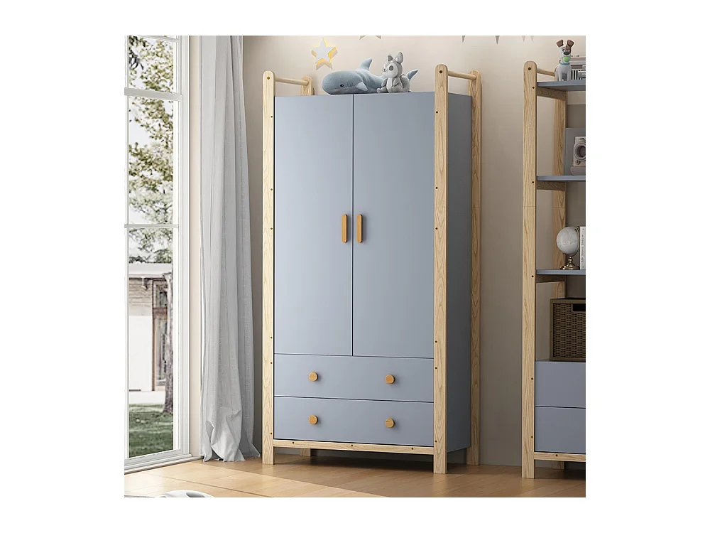 Armoire 2 portes tringle vêtements 2 tiroirs chambre salon vestiaire aggloméré bleu pin
