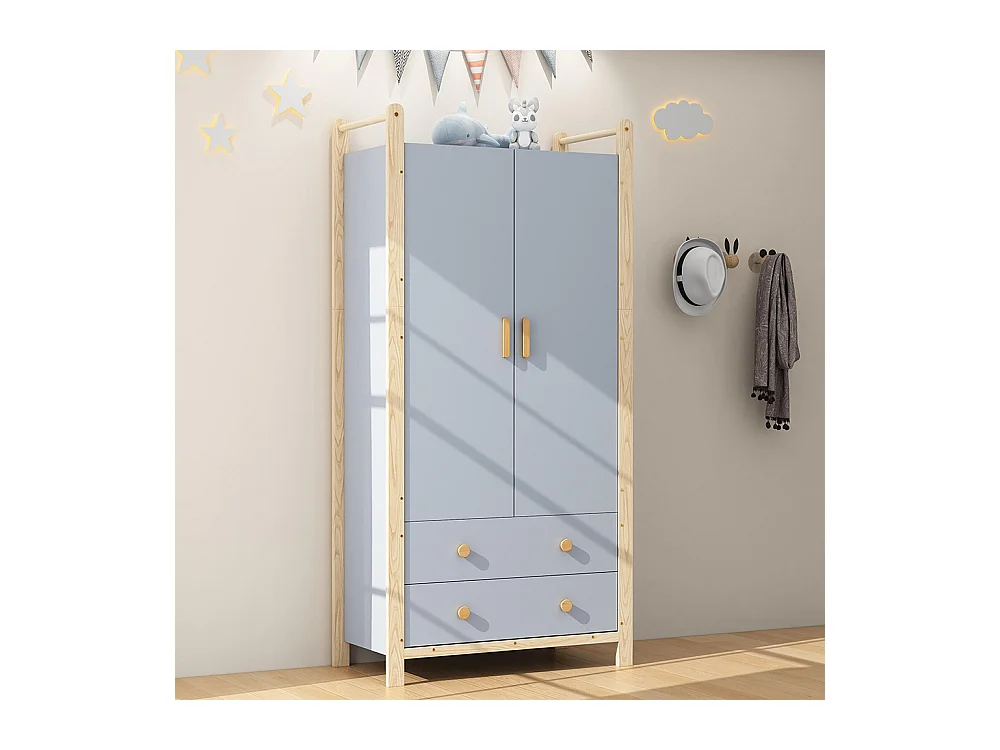 Armoire 2 portes tringle vêtements 2 tiroirs chambre salon vestiaire aggloméré bleu pin