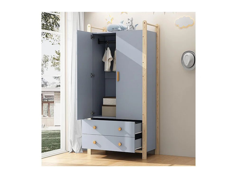 Armoire 2 portes tringle vêtements 2 tiroirs chambre salon vestiaire aggloméré bleu pin