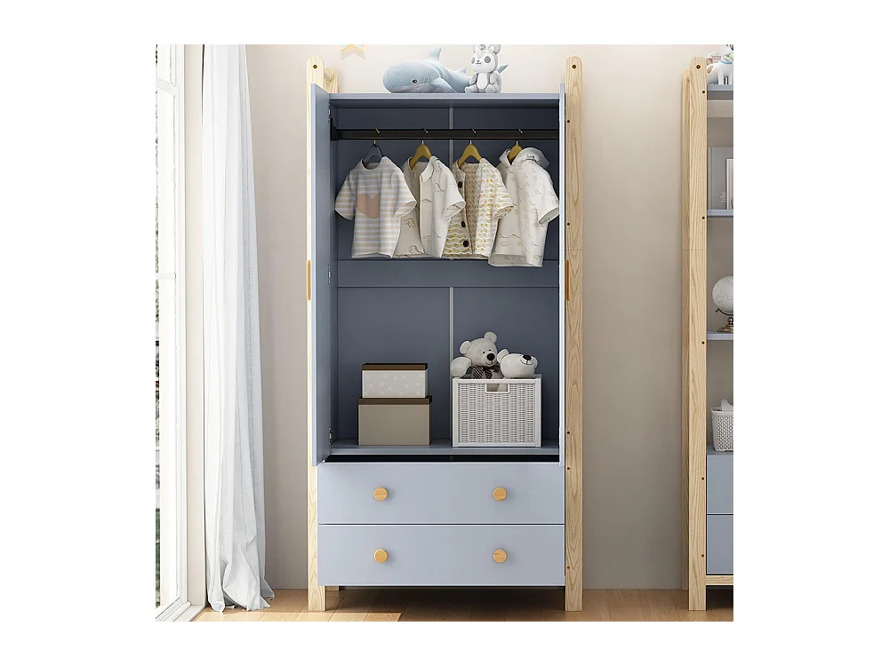 Armoire 2 portes tringle vêtements 2 tiroirs chambre salon vestiaire aggloméré bleu pin