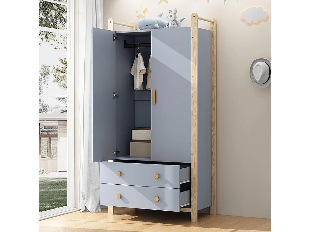 Armoire 2 portes tringle vêtements 2 tiroirs chambre salon vestiaire aggloméré bleu pin