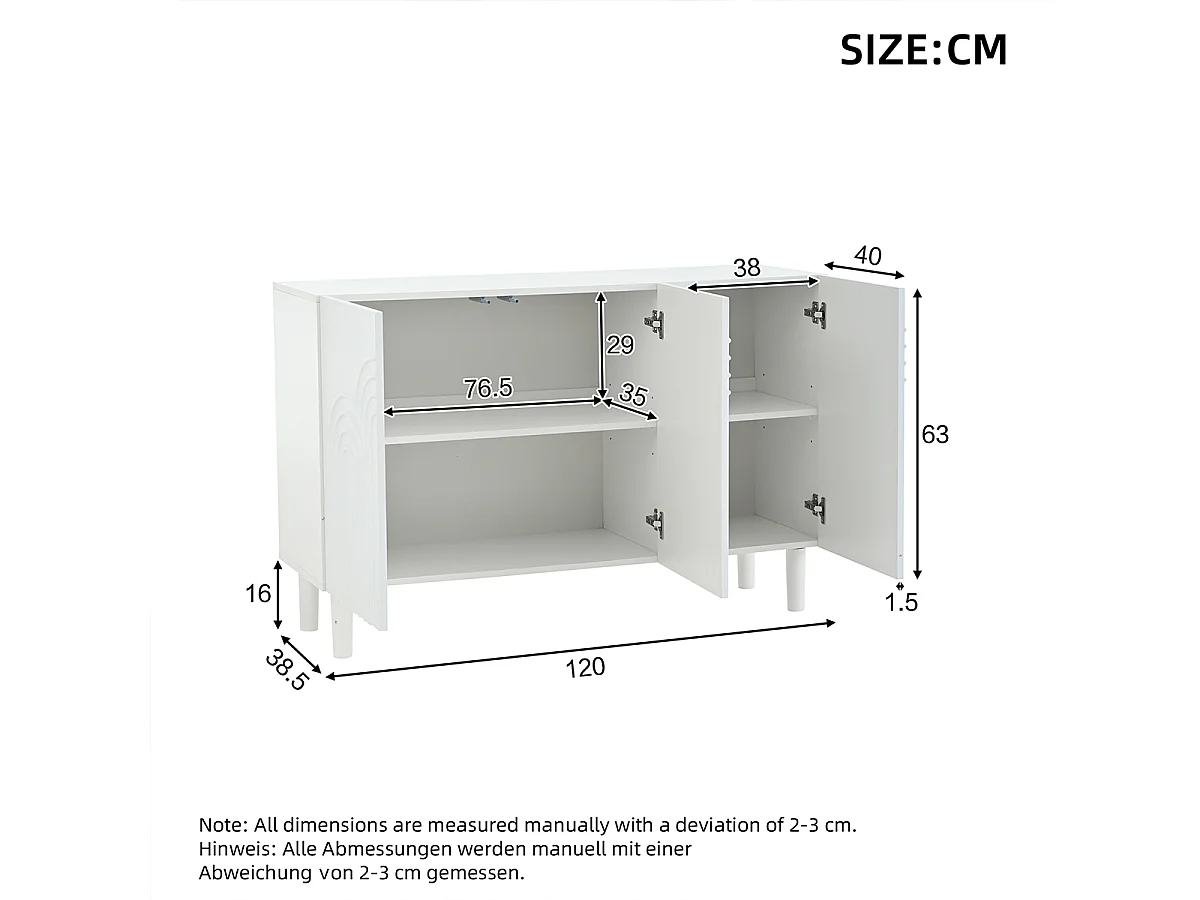 Sideboard mit Verstellbarer Trennwand Große Aufbewahrungsschrank Wohnzimmerschrank 120*38,5*79cm Weiß