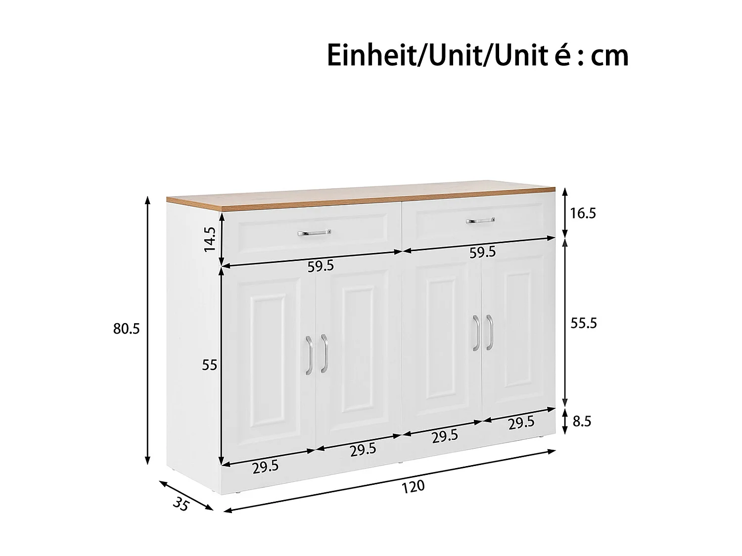 Sideboard mit Regalen und Rebounder Holzmaserung Aufbewahrungsschrank 120 L x 35 B x 80,5 H(cm)