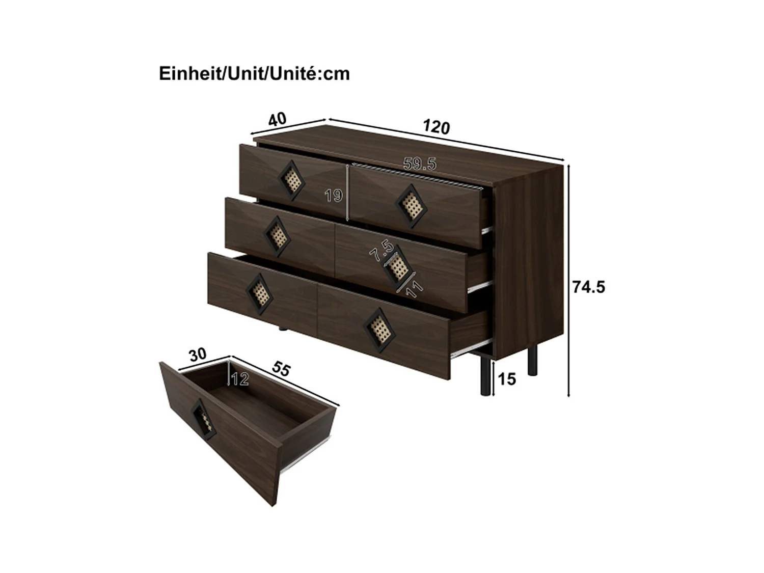 Sideboard mit 6-Schubladen,Kommode für Schlafzimmer & Wohnzimmerunterschrank Praktischer Stauraum & Stabilität