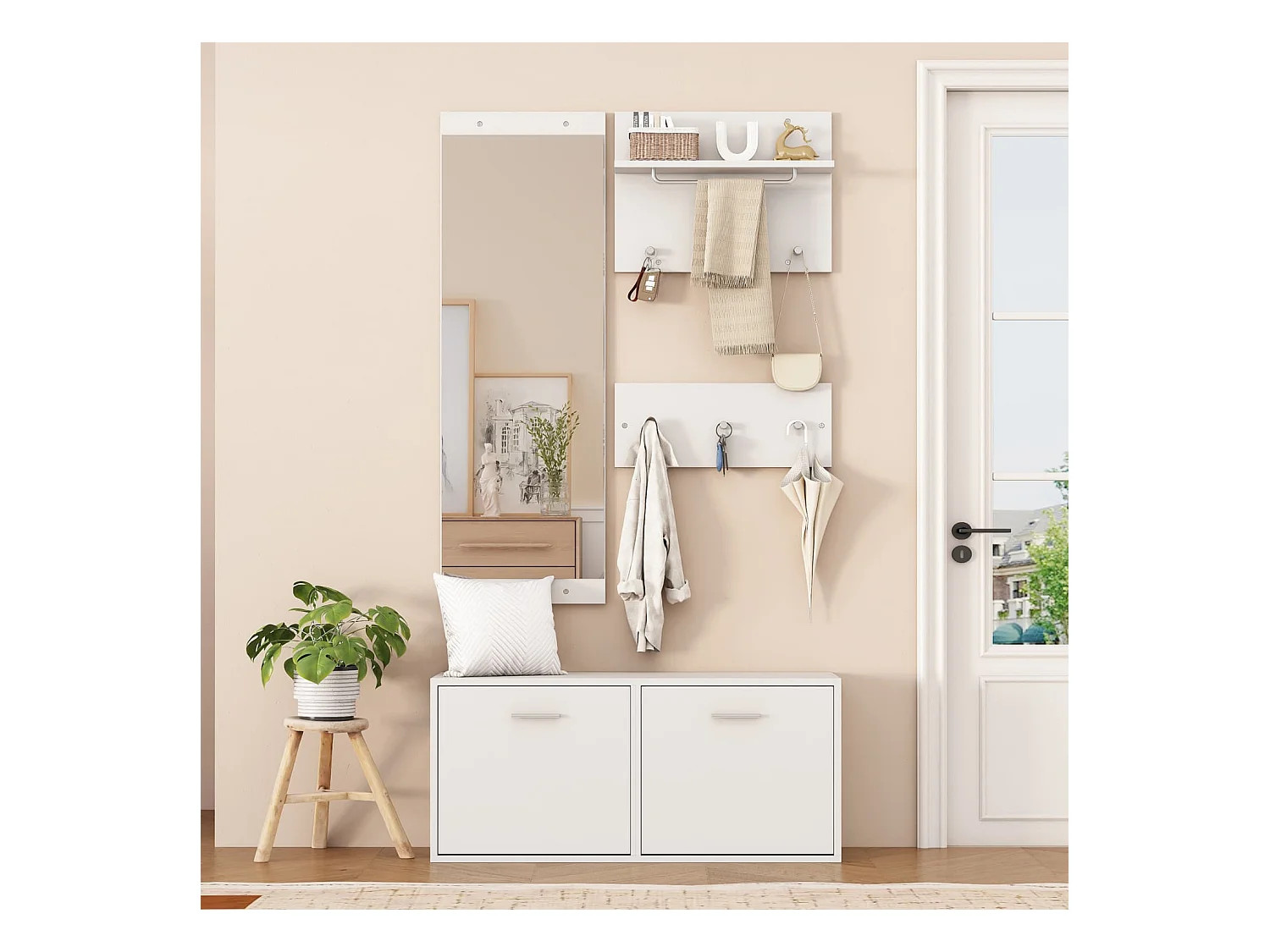 Garderoben-Set 4-teilig mit Spiegel,2 Hutablage und Schuhschrank,Garderobenständer Kleiderständer Set,Kompaktgarderobe mit 6 Kleiderhaken