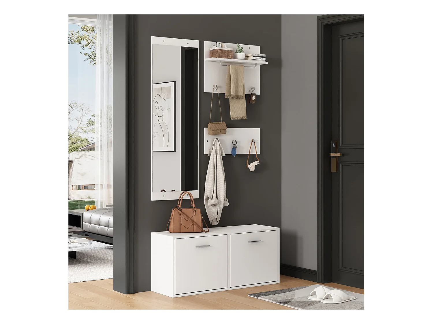 Garderoben-Set 4-teilig mit Spiegel,2 Hutablage und Schuhschrank,Garderobenständer Kleiderständer Set,Kompaktgarderobe mit 6 Kleiderhaken