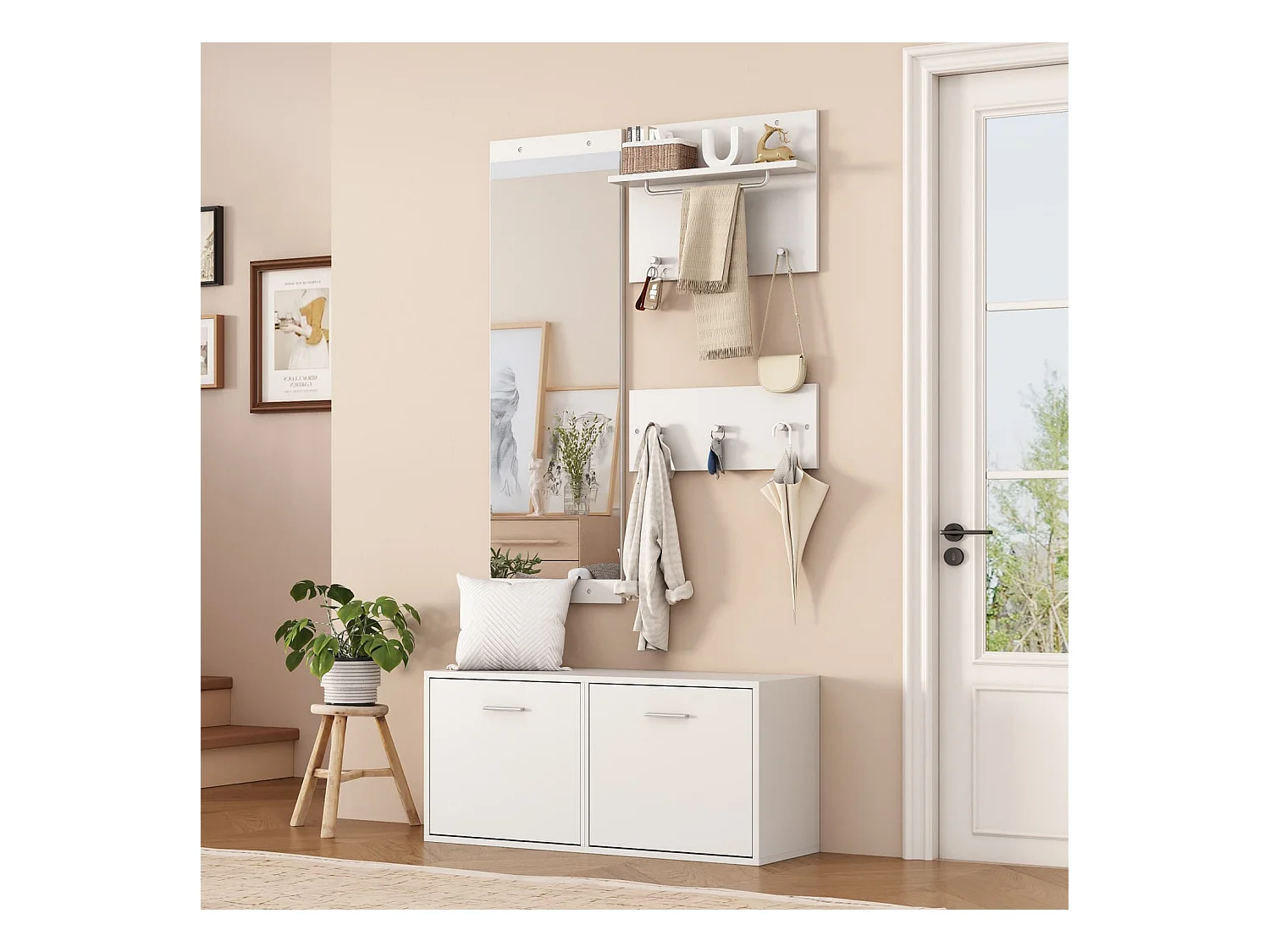 Garderoben-Set 4-teilig mit Spiegel,2 Hutablage und Schuhschrank,Garderobenständer Kleiderständer Set,Kompaktgarderobe mit 6 Kleiderhaken