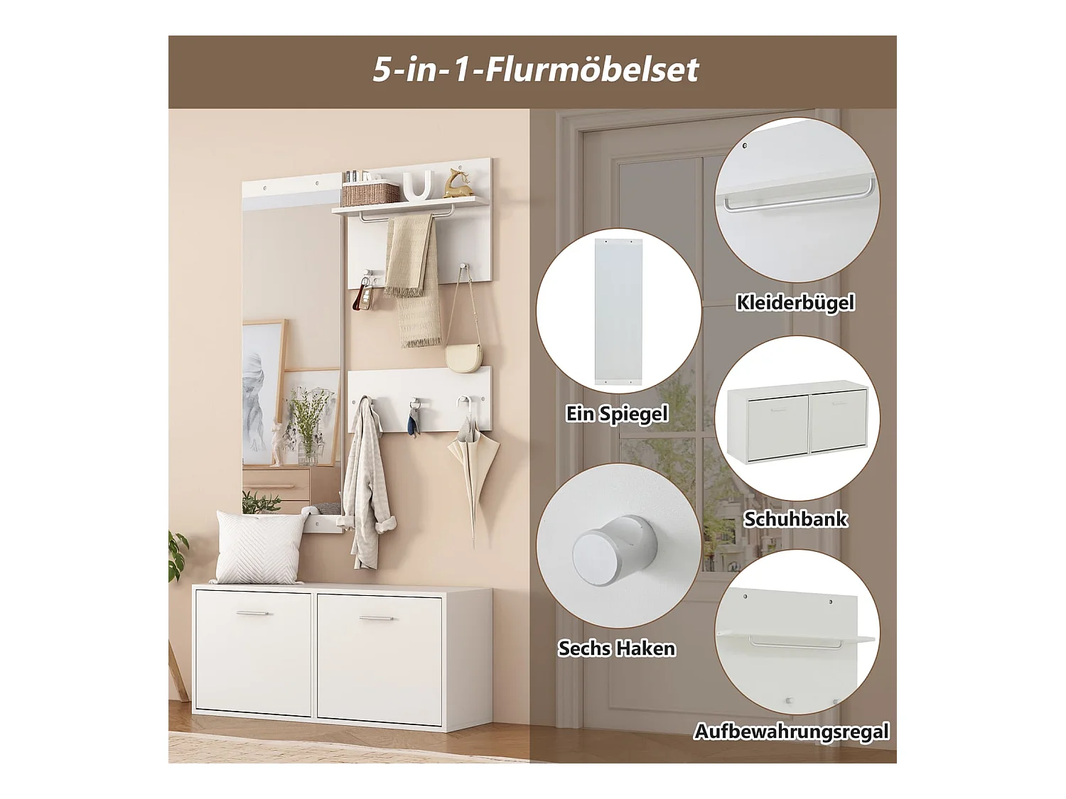 Garderoben-Set 4-teilig mit Spiegel,2 Hutablage und Schuhschrank,Garderobenständer Kleiderständer Set,Kompaktgarderobe mit 6 Kleiderhaken