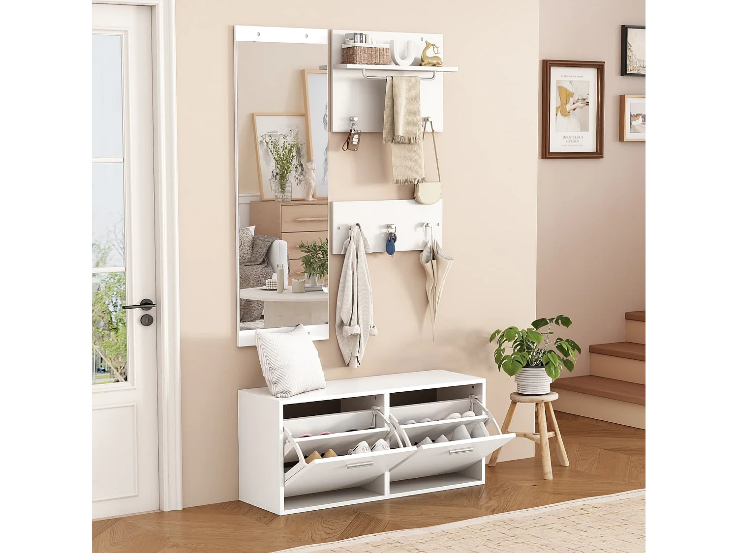 Garderoben-Set 4-teilig mit Spiegel,2 Hutablage und Schuhschrank,Garderobenständer Kleiderständer Set,Kompaktgarderobe mit 6 Kleiderhaken