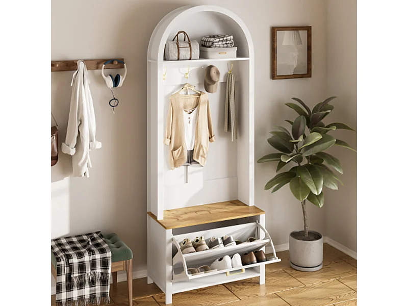 Multifunktionaler Garderobenschrank mit Schuhregal, Sitzbank Ablage & Haken, Hall Tree für Eingangsbereich