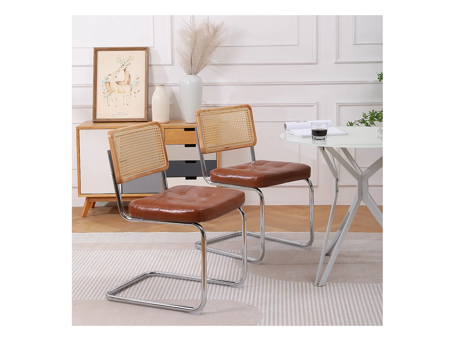 Esszimmerstuhl 2er-Set moderne Esszimmerstühle aus Rattan mit Kunstlederpolster Mesh-Rückenlehne, Metallbeine, Küchenstuhl