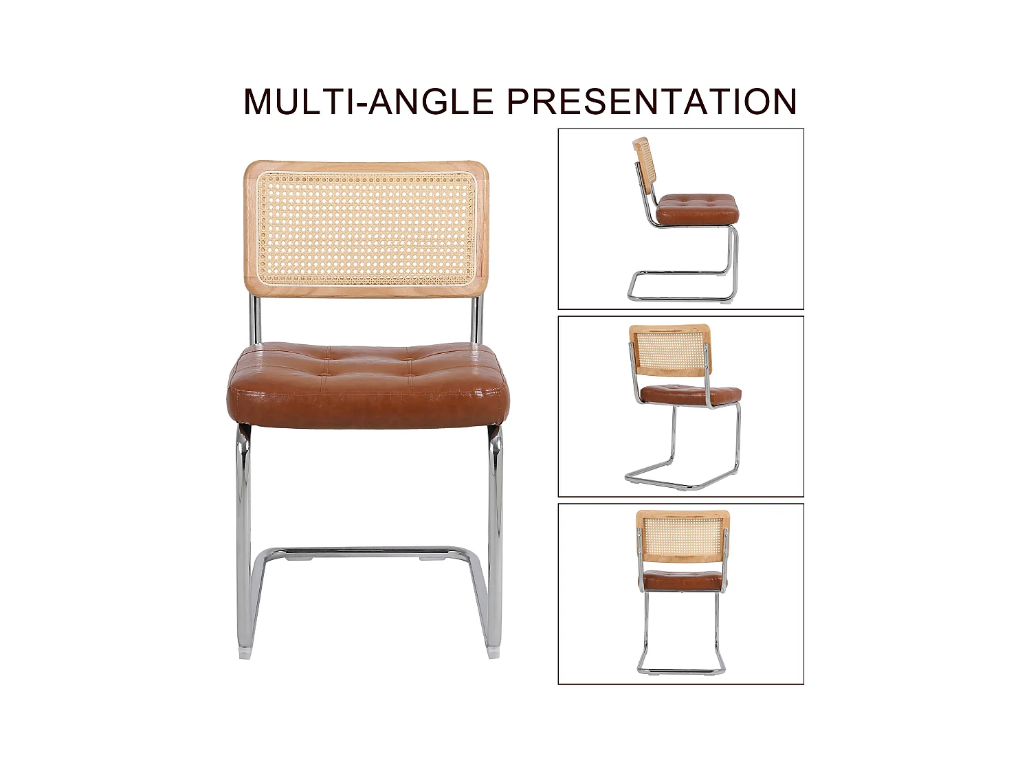 Esszimmerstuhl 2er-Set moderne Esszimmerstühle aus Rattan mit Kunstlederpolster Mesh-Rückenlehne, Metallbeine, Küchenstuhl