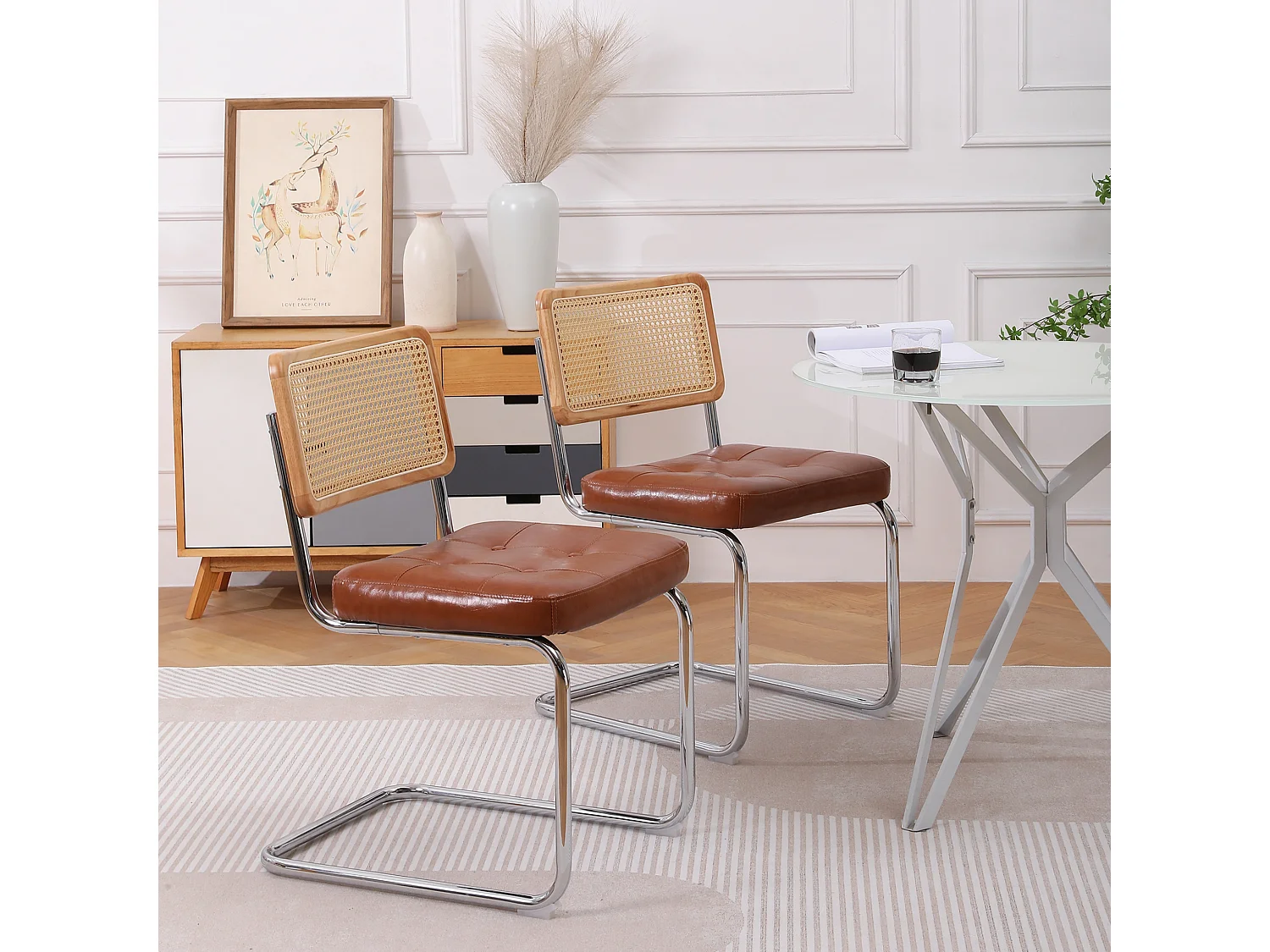 Esszimmerstuhl 2er-Set moderne Esszimmerstühle aus Rattan mit Kunstlederpolster Mesh-Rückenlehne, Metallbeine, Küchenstuhl