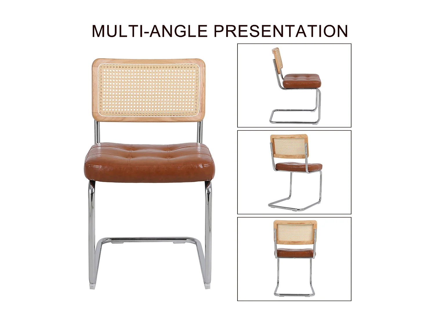 Esszimmerstuhl 2er-Set moderne Esszimmerstühle aus Rattan mit Kunstlederpolster Mesh-Rückenlehne, Metallbeine, Küchenstuhl