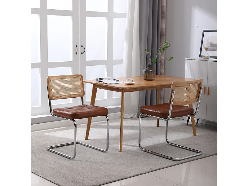 Esszimmerstuhl 2er-Set moderne Esszimmerstühle aus Rattan mit Kunstlederpolster Mesh-Rückenlehne, Metallbeine, Küchenstuhl