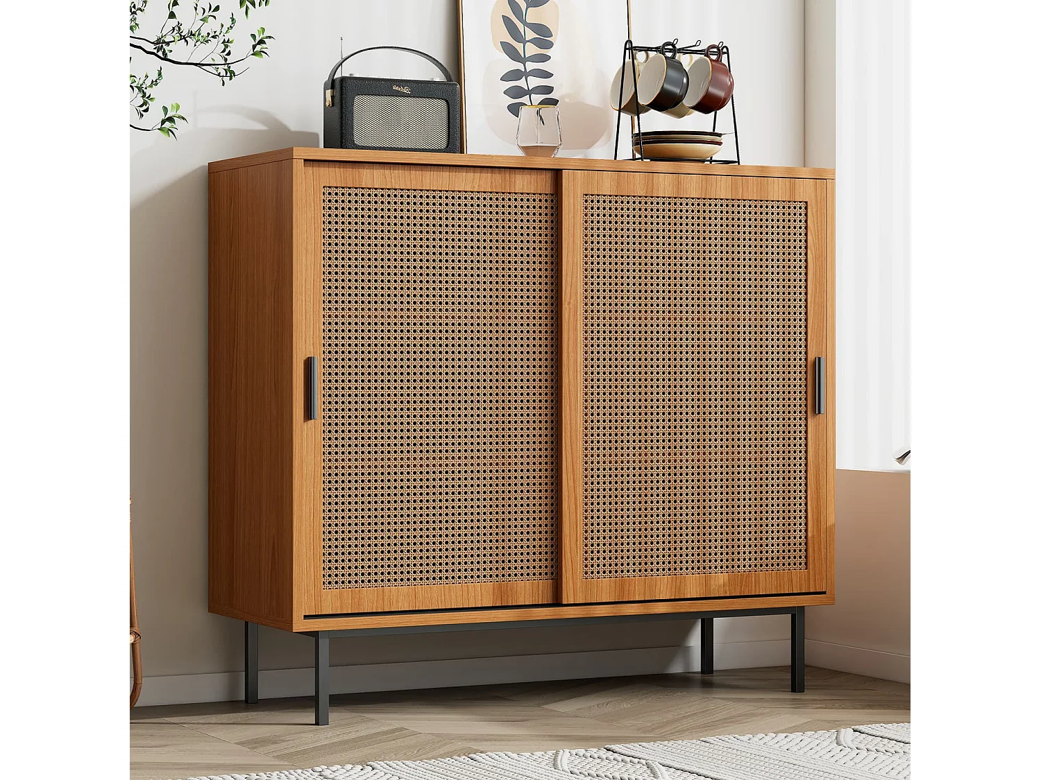 Sideboard Küchenschrank, Kommode Aufbewahrungsschrank mit 2 Schiebetüren und Verstellbare Ablage, Landhausstil Beistellschrank für Wohnzimmer