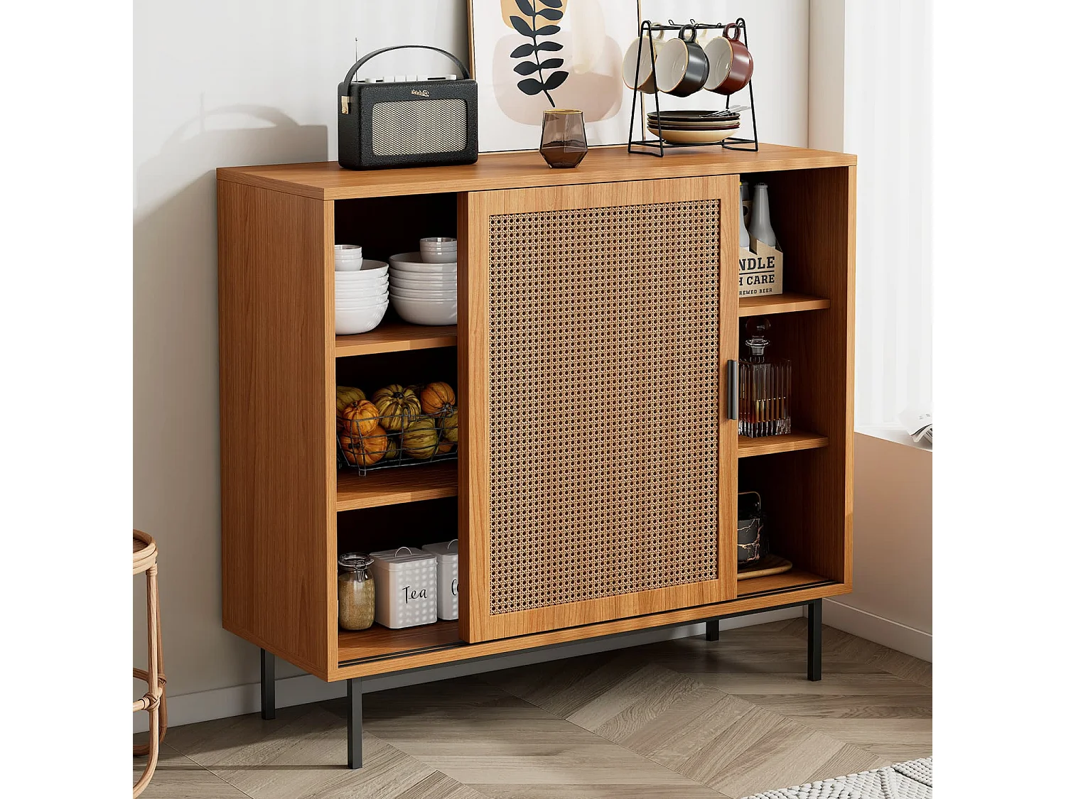 Sideboard Küchenschrank, Kommode Aufbewahrungsschrank mit 2 Schiebetüren und Verstellbare Ablage, Landhausstil Beistellschrank für Wohnzimmer