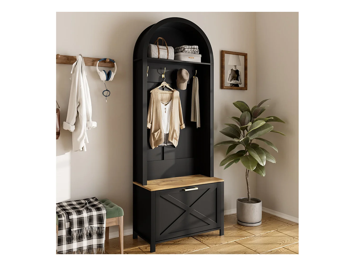 Multifunktionaler Garderobenschrank(schwarz) mit Schuhregal, Ablage & Haken,langlebiger MDF Korpus,stabile Eisenfüße,praktische Aufbewahrung