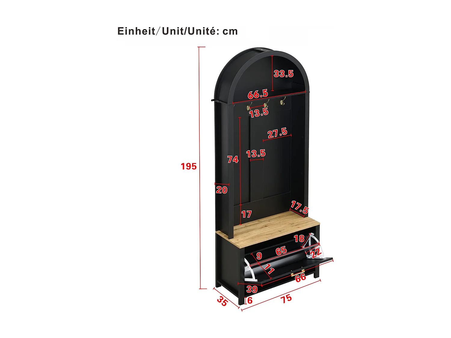 Multifunktionaler Garderobenschrank(schwarz) mit Schuhregal, Ablage & Haken,langlebiger MDF Korpus,stabile Eisenfüße,praktische Aufbewahrung