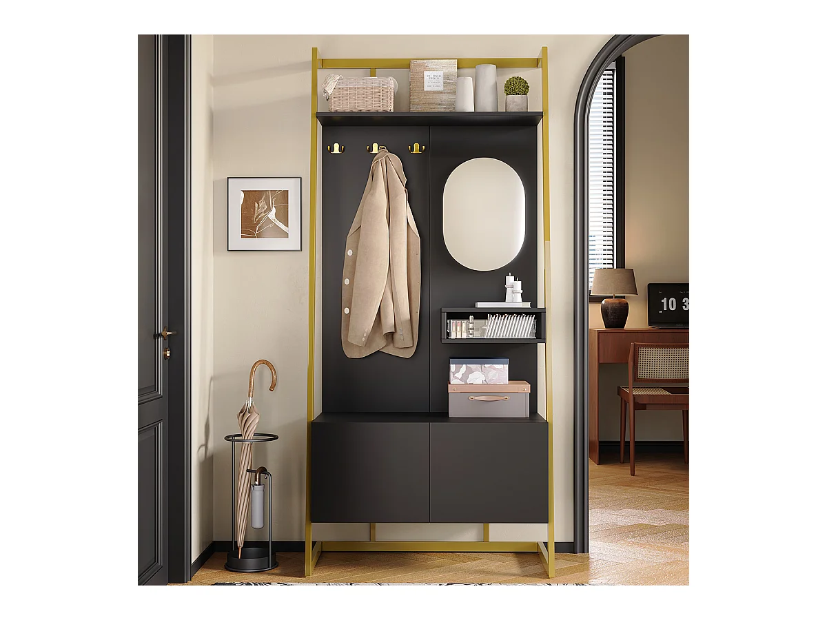 Garderobenset mit Spiegel und Metallhaken Flurgarderobe Flurmöbel Wandgarderoben-Set 78 L x 38.5 B x 180.5 Hcm Schwarz