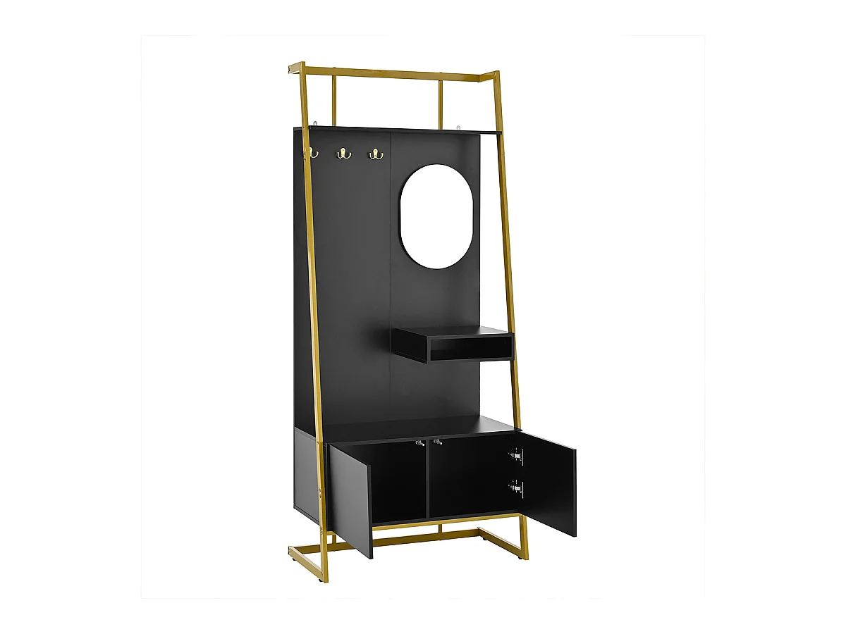 Garderobenset mit Spiegel und Metallhaken Flurgarderobe Flurmöbel Wandgarderoben-Set 78 L x 38.5 B x 180.5 Hcm Schwarz