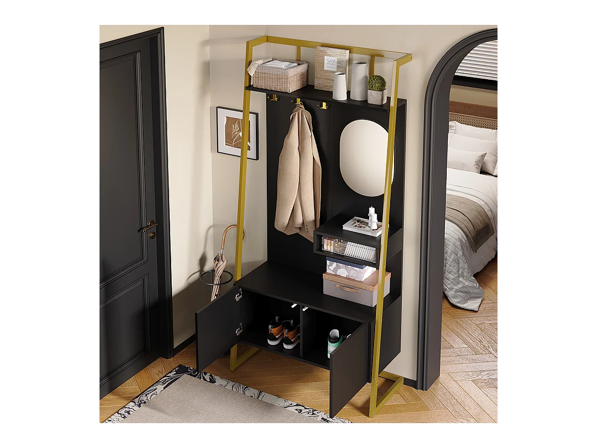Garderobenset mit Spiegel und Metallhaken Flurgarderobe Flurmöbel Wandgarderoben-Set 78 L x 38.5 B x 180.5 Hcm Schwarz