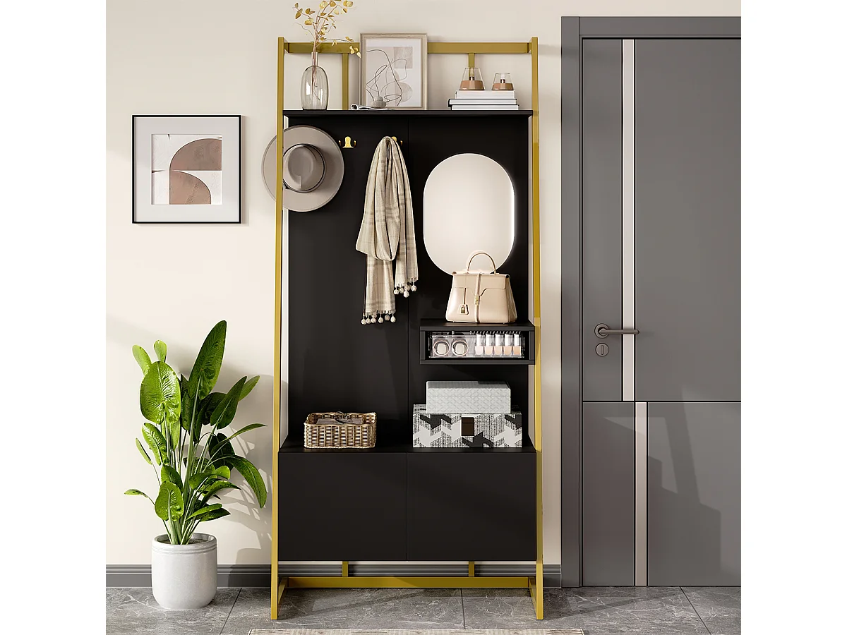 Garderobenset mit Spiegel und Metallhaken Flurgarderobe Flurmöbel Wandgarderoben-Set 78 L x 38.5 B x 180.5 Hcm Schwarz