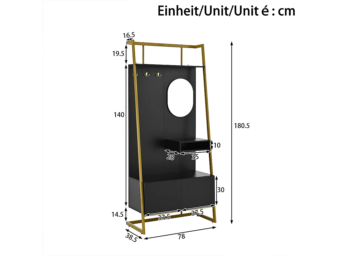 Garderobenset mit Spiegel und Metallhaken Flurgarderobe Flurmöbel Wandgarderoben-Set 78 L x 38.5 B x 180.5 Hcm Schwarz