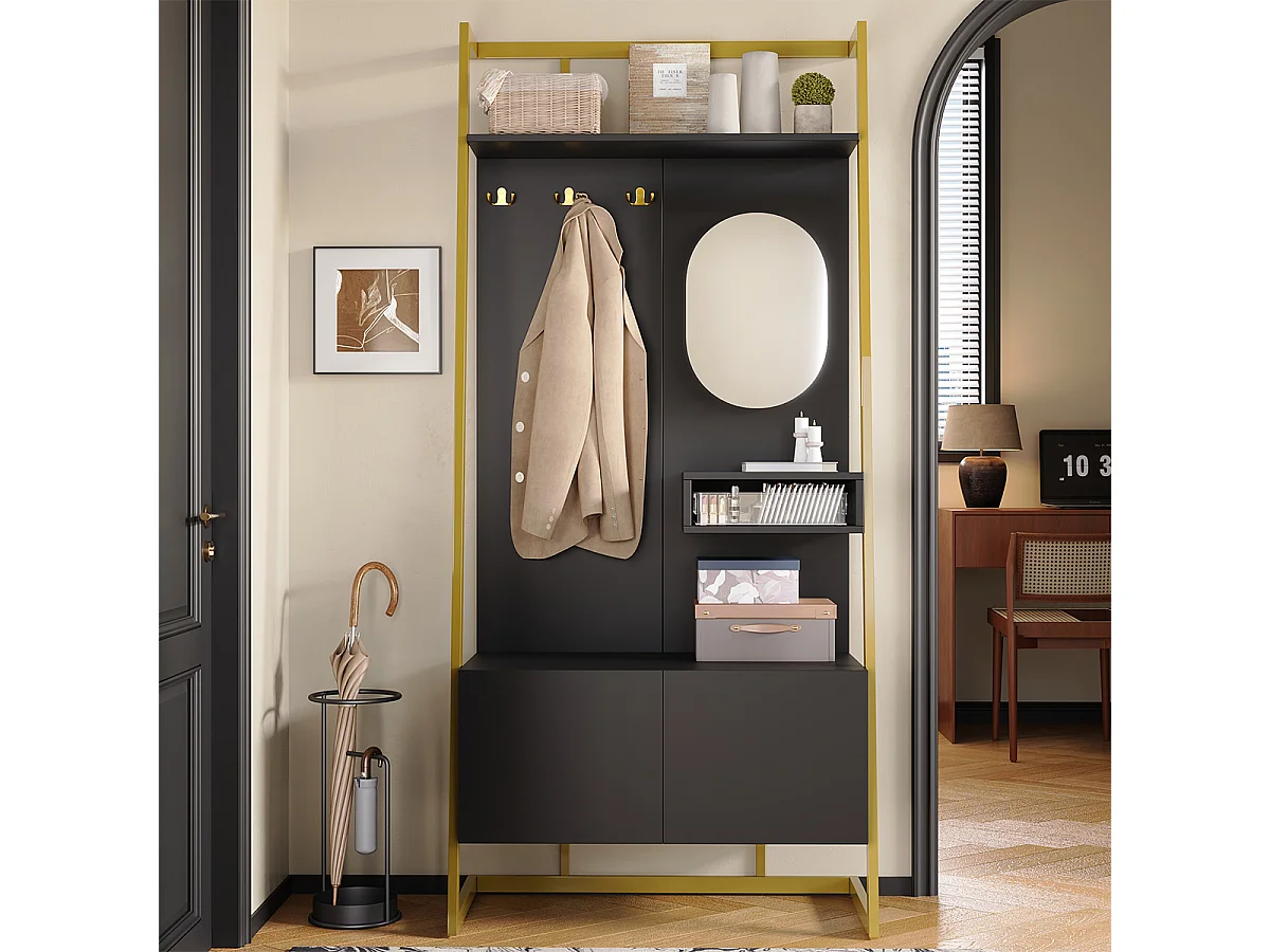 Garderobenset mit Spiegel und Metallhaken Flurgarderobe Flurmöbel Wandgarderoben-Set 78 L x 38.5 B x 180.5 Hcm Schwarz