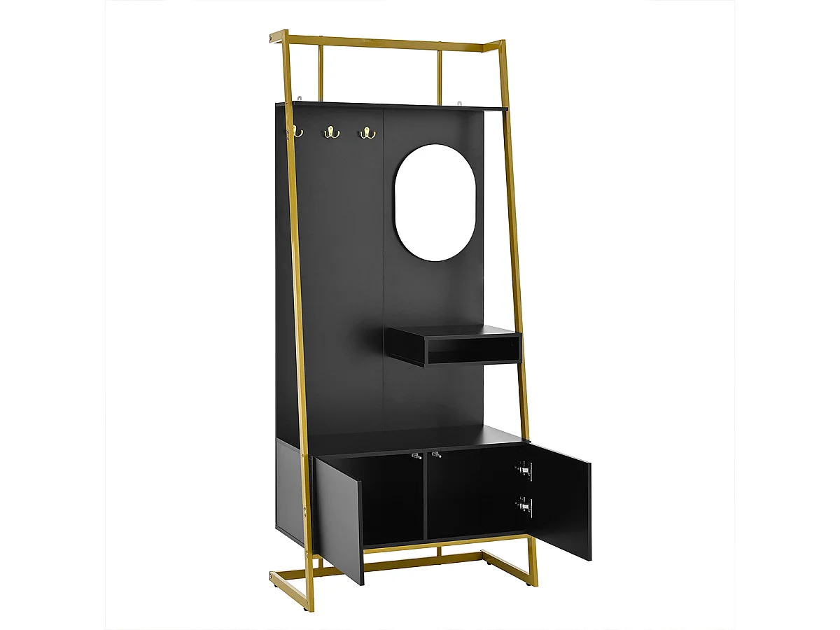 Garderobenset mit Spiegel und Metallhaken Flurgarderobe Flurmöbel Wandgarderoben-Set 78 L x 38.5 B x 180.5 Hcm Schwarz