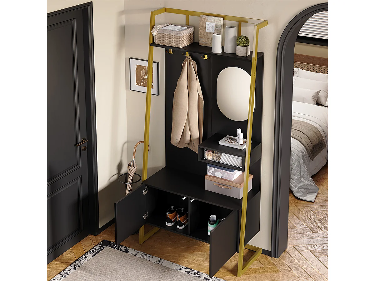 Garderobenset mit Spiegel und Metallhaken Flurgarderobe Flurmöbel Wandgarderoben-Set 78 L x 38.5 B x 180.5 Hcm Schwarz