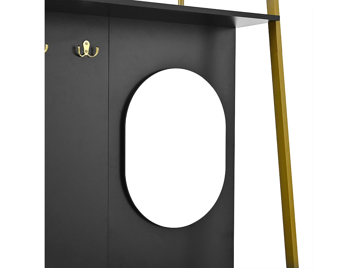 Garderobenset mit Spiegel und Metallhaken Flurgarderobe Flurmöbel Wandgarderoben-Set 78 L x 38.5 B x 180.5 Hcm Schwarz