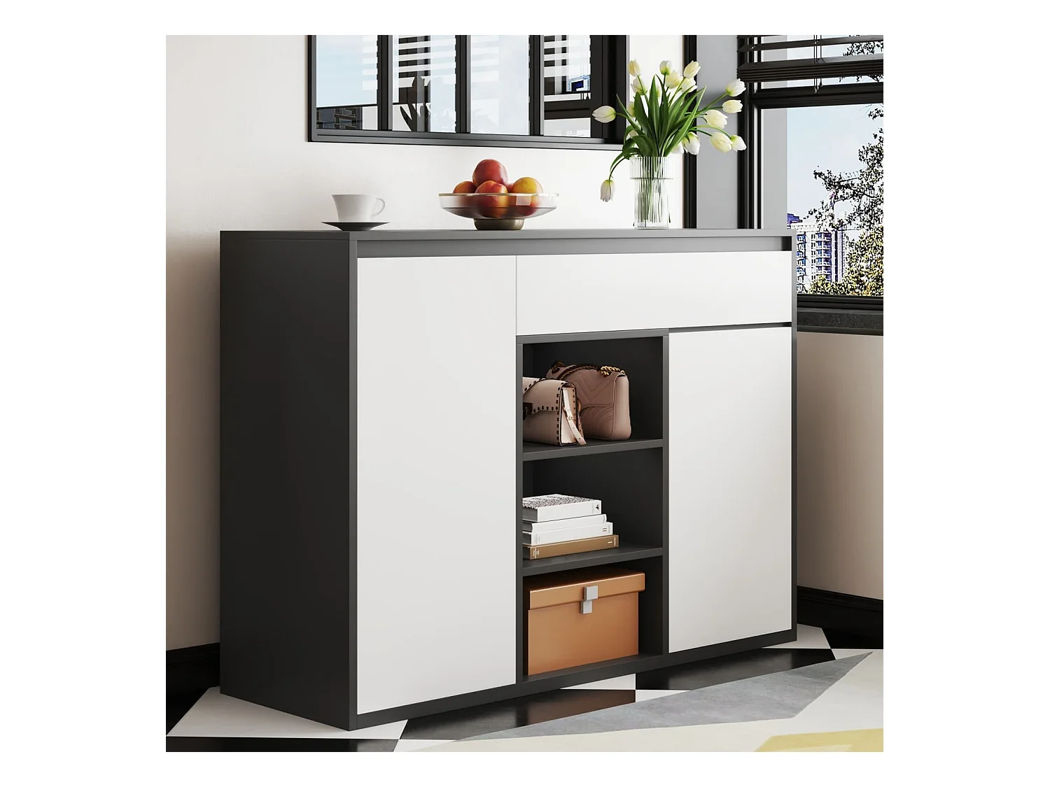 Schuhschrank mit zwei Türen und einer Schublade mit verstellbarem Schuhregal, schwarz-weiß modern, Flur Diele.Bietet Platz für 12–17 Paar Schuhe