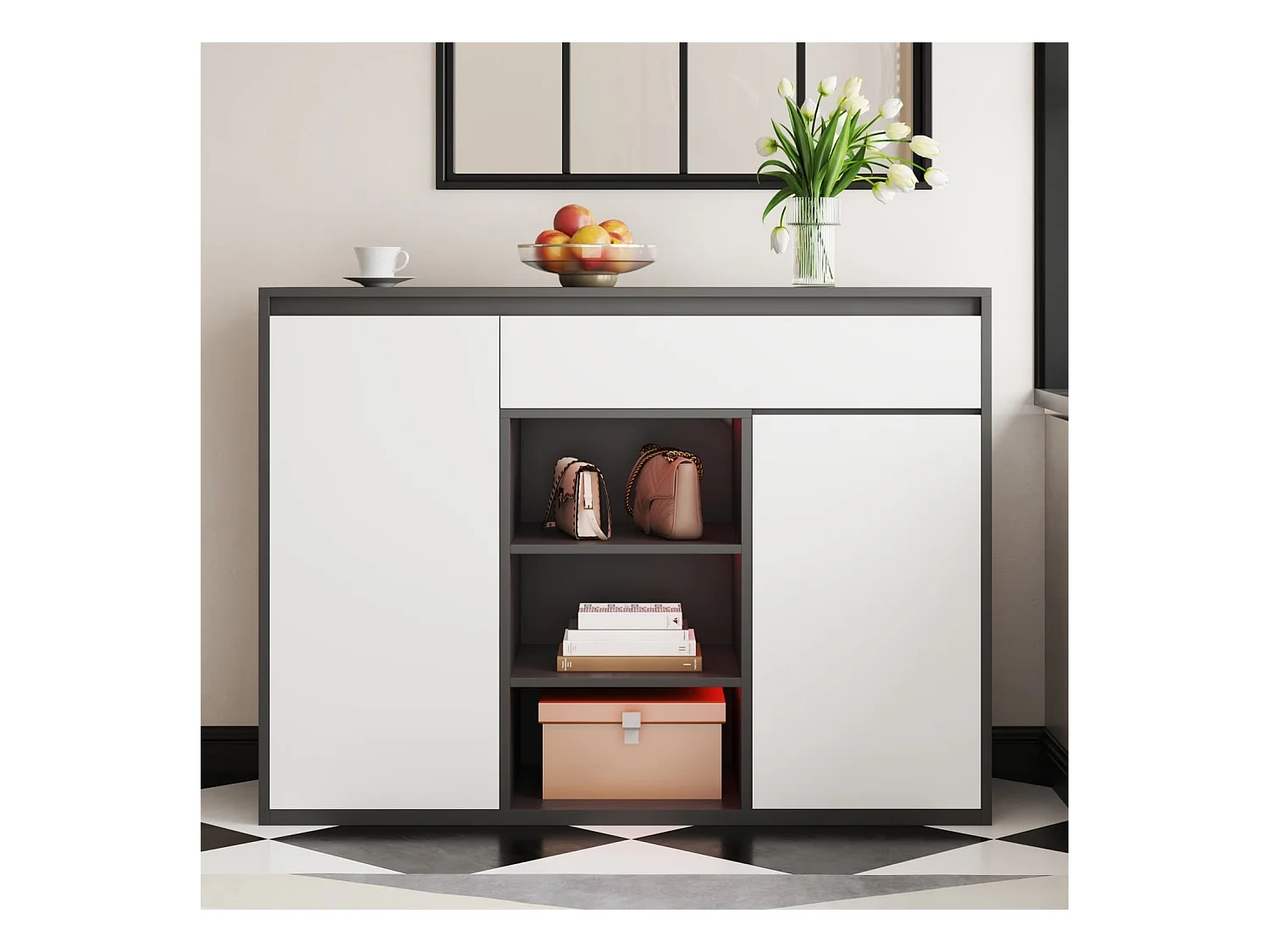 Schuhschrank mit zwei Türen und einer Schublade mit verstellbarem Schuhregal, schwarz-weiß modern, Flur Diele.Bietet Platz für 12–17 Paar Schuhe