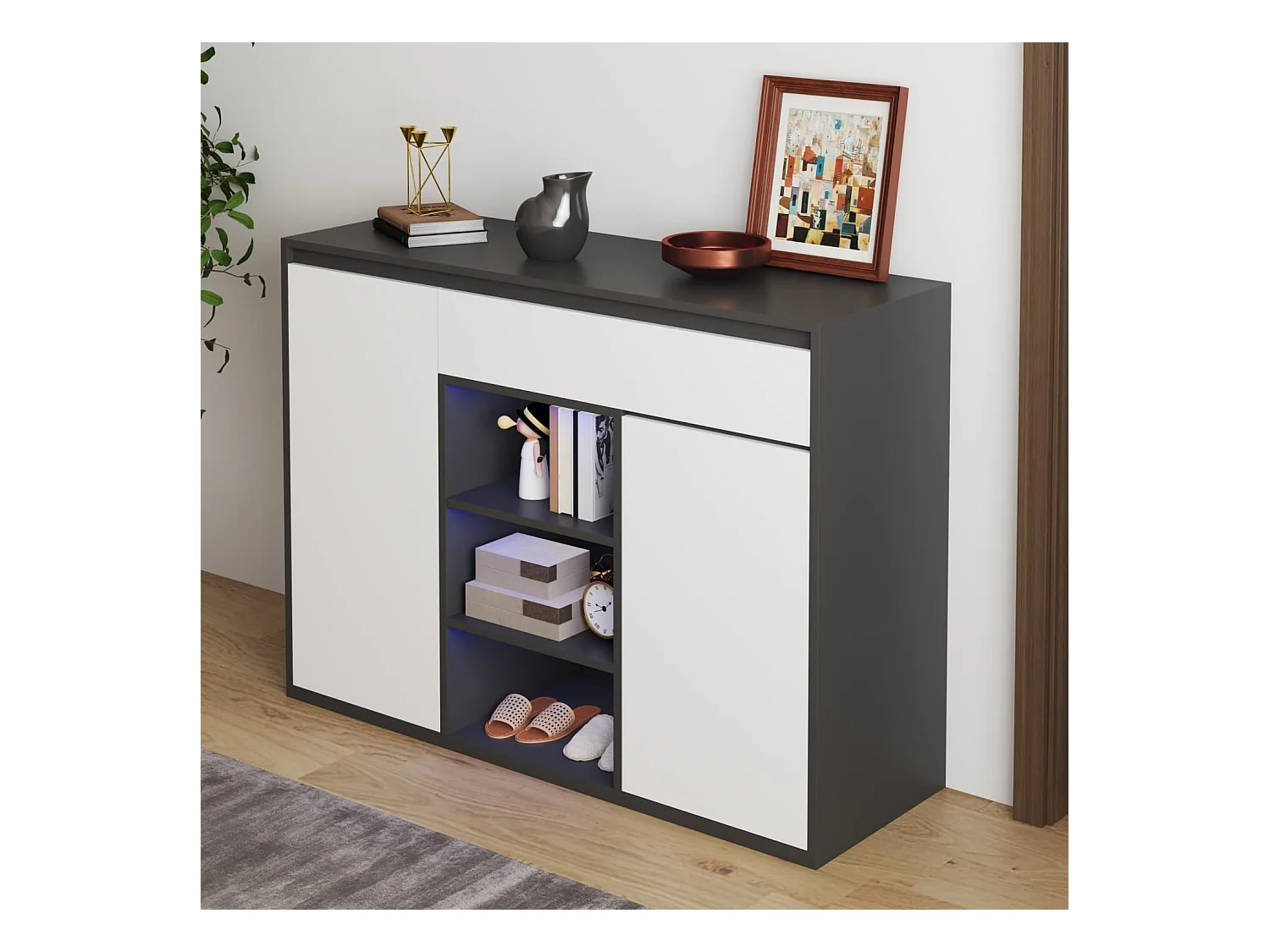 Schuhschrank mit zwei Türen und einer Schublade mit verstellbarem Schuhregal, schwarz-weiß modern, Flur Diele.Bietet Platz für 12–17 Paar Schuhe