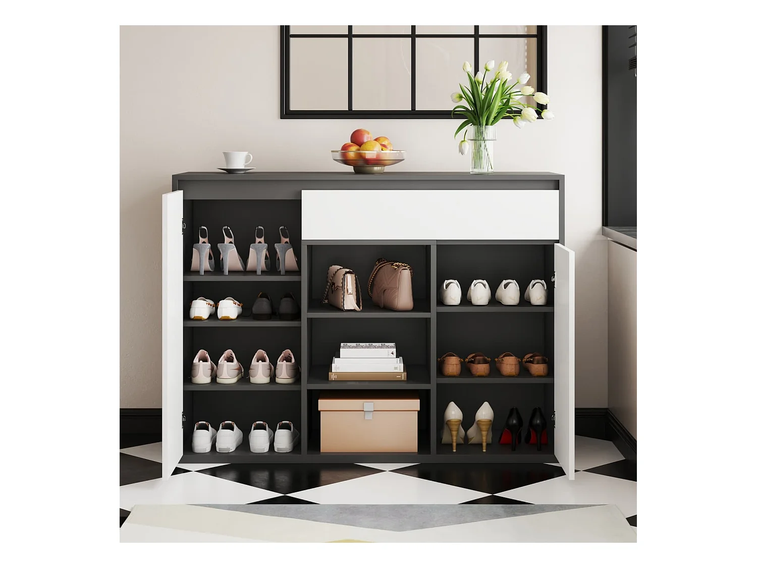 Schuhschrank mit zwei Türen und einer Schublade mit verstellbarem Schuhregal, schwarz-weiß modern, Flur Diele.Bietet Platz für 12–17 Paar Schuhe