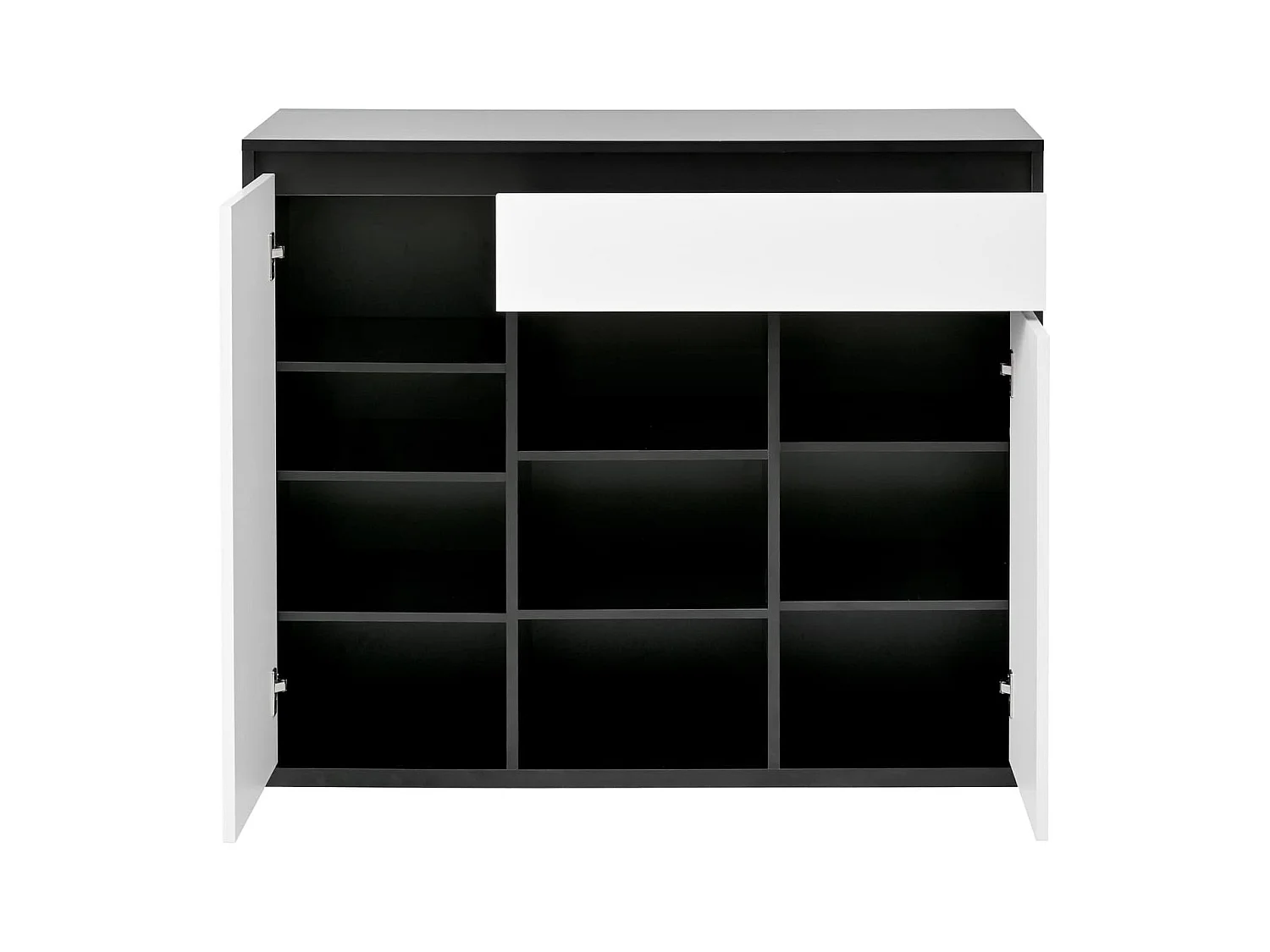 Schuhschrank mit zwei Türen und einer Schublade mit verstellbarem Schuhregal, schwarz-weiß modern, Flur Diele.Bietet Platz für 12–17 Paar Schuhe