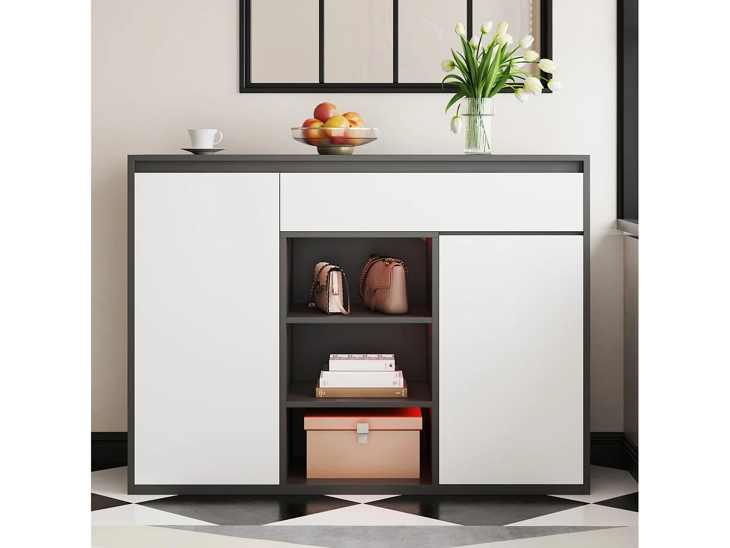 Schuhschrank mit zwei Türen und einer Schublade mit verstellbarem Schuhregal, schwarz-weiß modern, Flur Diele.Bietet Platz für 12–17 Paar Schuhe