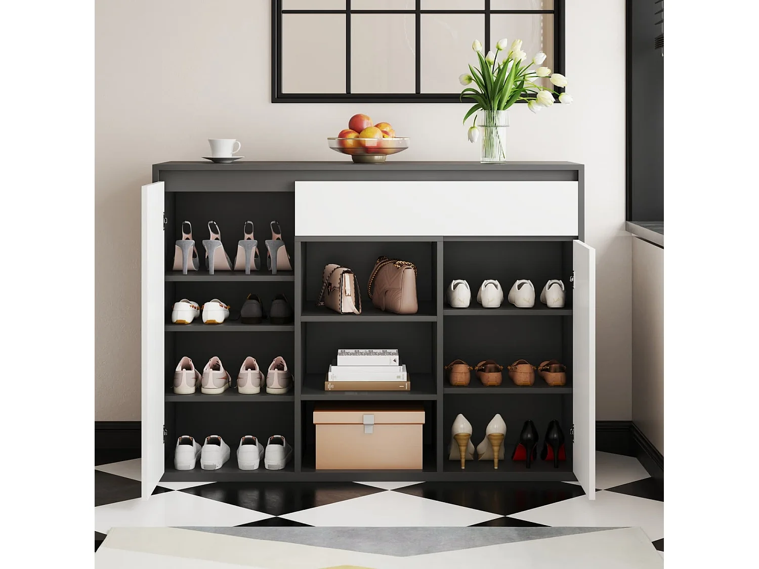 Schuhschrank mit zwei Türen und einer Schublade mit verstellbarem Schuhregal, schwarz-weiß modern, Flur Diele.Bietet Platz für 12–17 Paar Schuhe