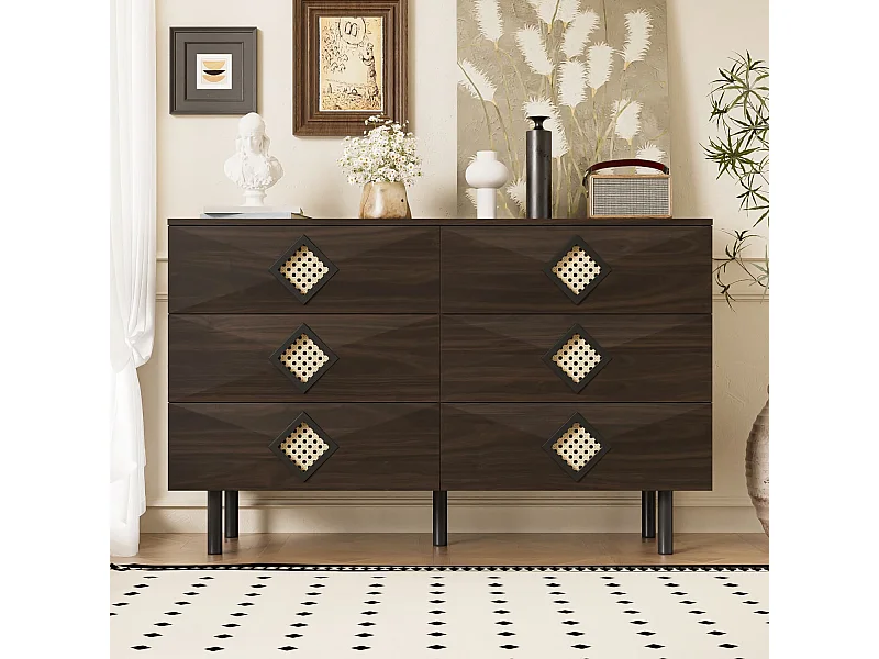 Eleganter 6-Schubladen Schminktisch mit Rattan-Griff, für Schlafzimmer & Wohnzimmer – Praktischer Stauraum & Stabilität, Perfekt für Ihr Zuhause