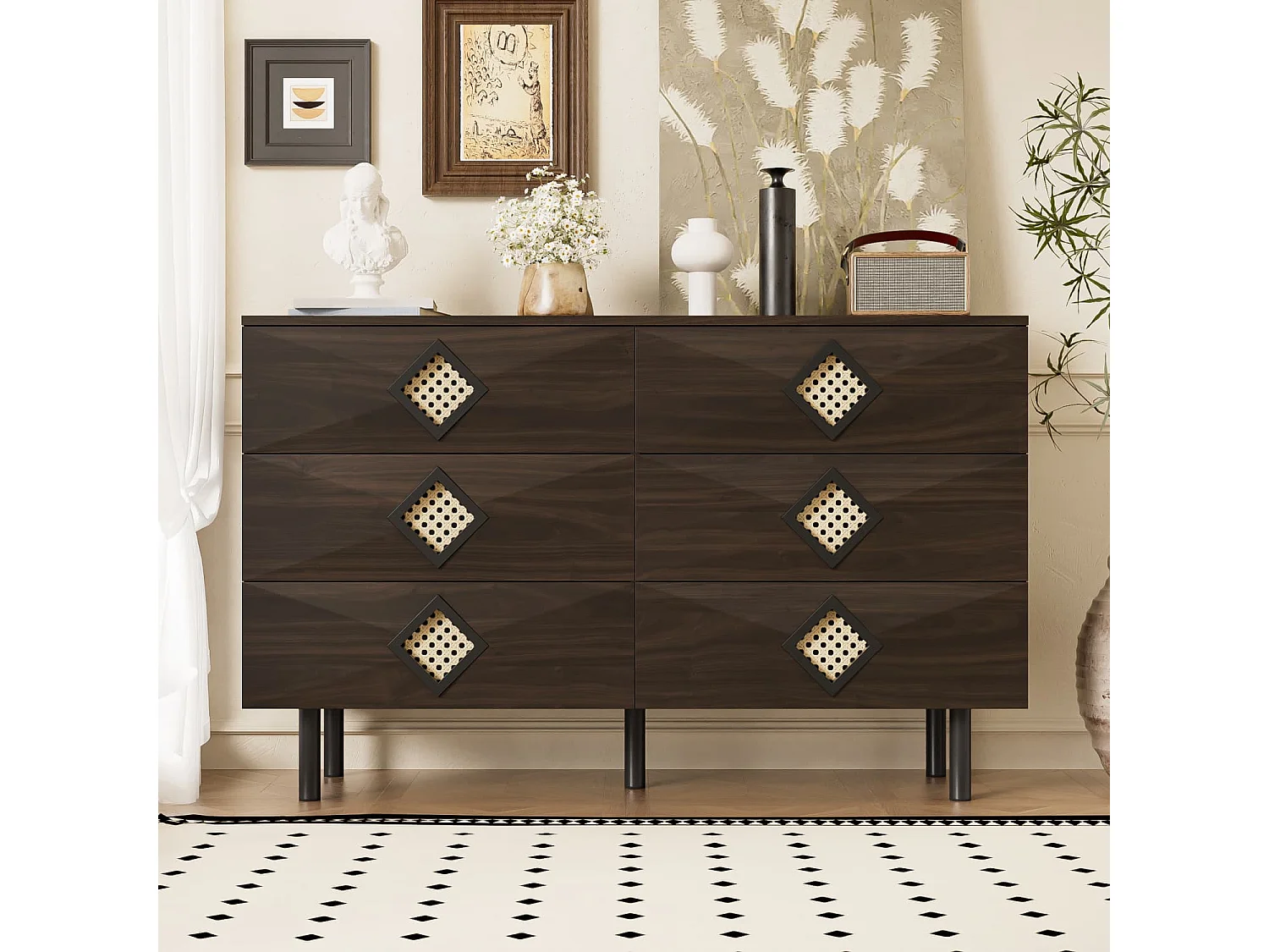 Eleganter 6-Schubladen Schminktisch mit Rattan-Griff, für Schlafzimmer & Wohnzimmer – Praktischer Stauraum & Stabilität, Perfekt für Ihr Zuhause