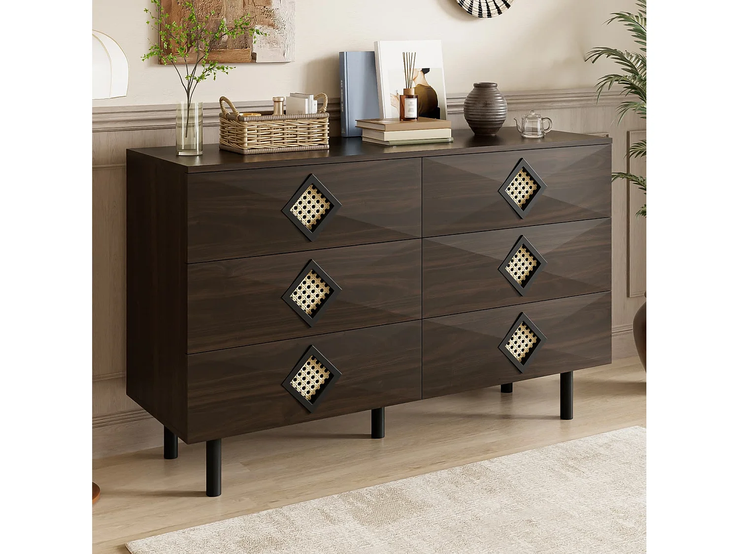 Eleganter 6-Schubladen Schminktisch mit Rattan-Griff, für Schlafzimmer & Wohnzimmer – Praktischer Stauraum & Stabilität, Perfekt für Ihr Zuhause