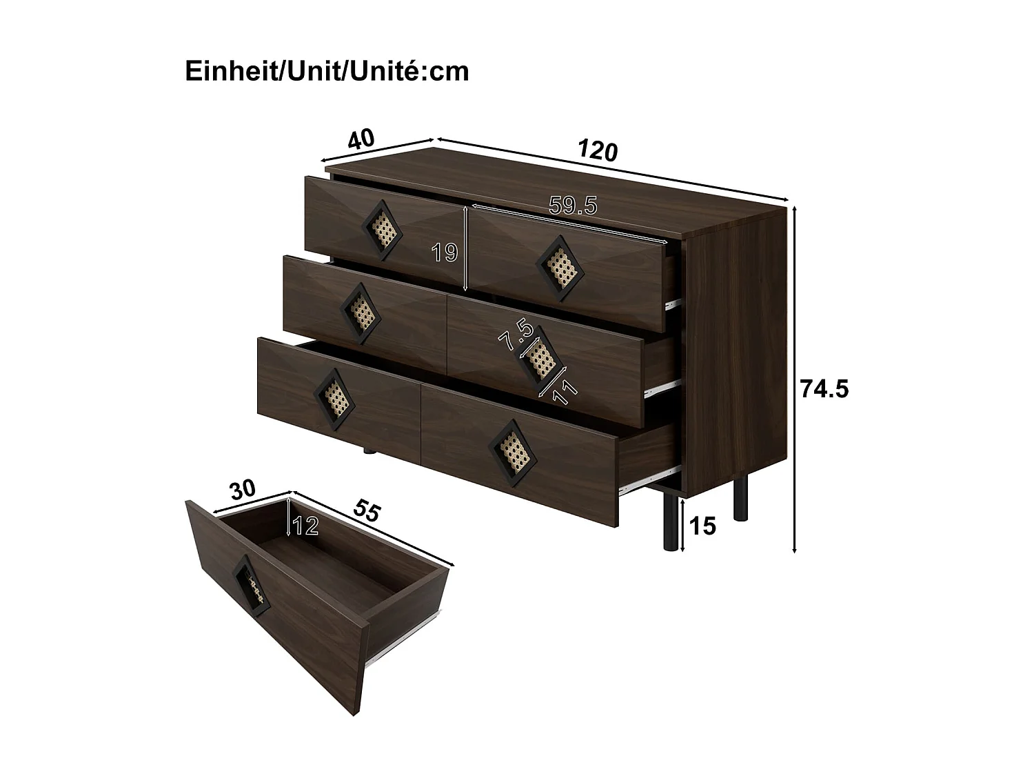 Eleganter 6-Schubladen Schminktisch mit Rattan-Griff, für Schlafzimmer & Wohnzimmer – Praktischer Stauraum & Stabilität, Perfekt für Ihr Zuhause