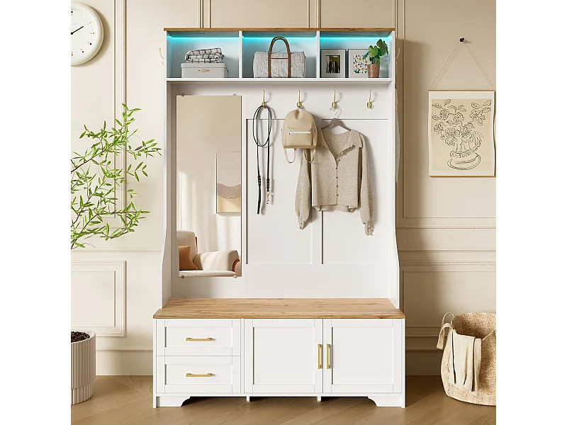 Multifunktionaler Flur- & Schuhschrank mit LED-Beleuchtung, Spiegel, Haken und Schubladen – Moderner Garderobenschrank mit Stauraum und Sitzfläche