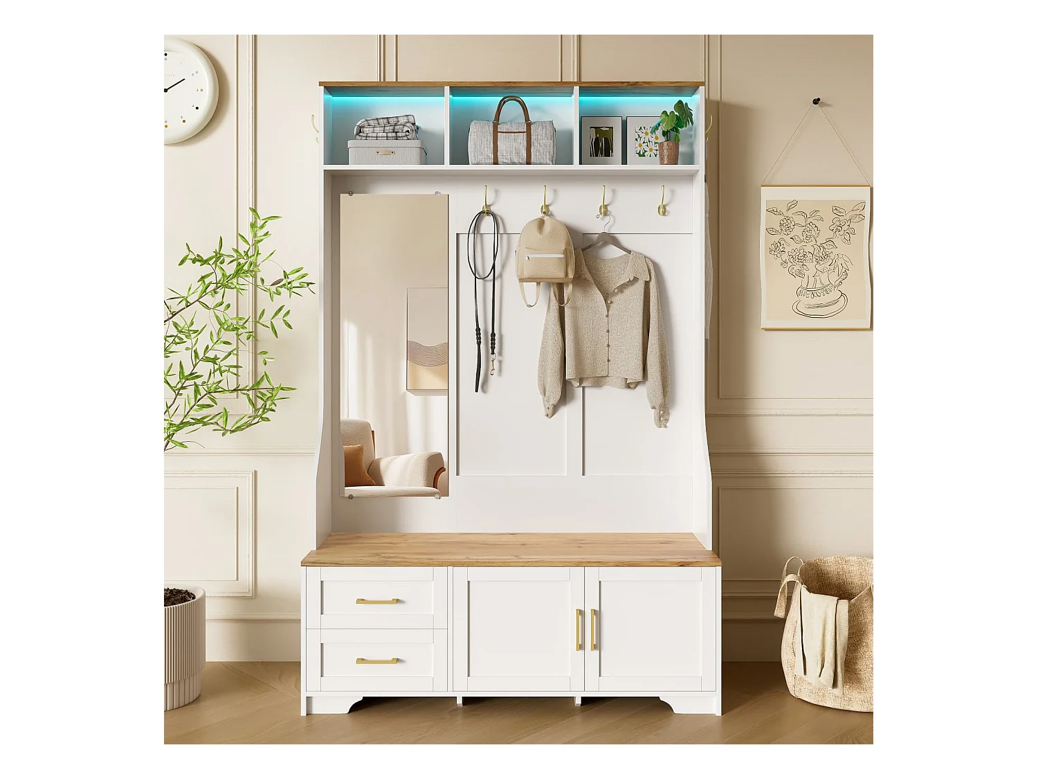 Multifunktionaler Flur- & Schuhschrank mit LED-Beleuchtung, Spiegel, Haken und Schubladen – Moderner Garderobenschrank mit Stauraum und Sitzfläche