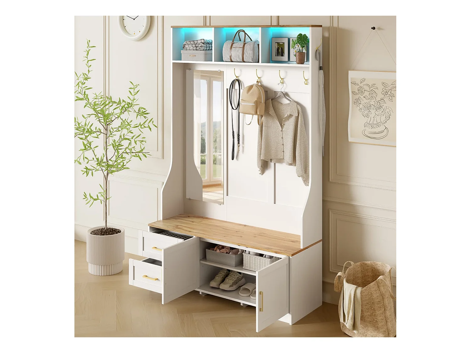 Multifunktionaler Flur- & Schuhschrank mit LED-Beleuchtung, Spiegel, Haken und Schubladen – Moderner Garderobenschrank mit Stauraum und Sitzfläche