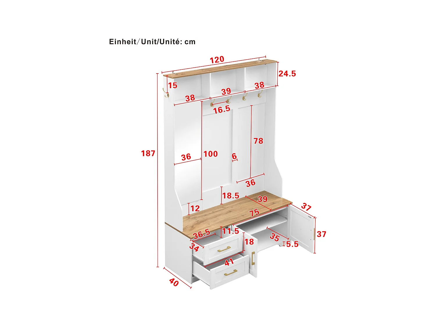 Multifunktionaler Flur- & Schuhschrank mit LED-Beleuchtung, Spiegel, Haken und Schubladen – Moderner Garderobenschrank mit Stauraum und Sitzfläche