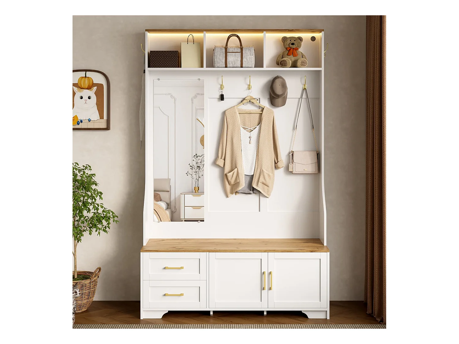 Multifunktionaler Flur- & Schuhschrank mit LED-Beleuchtung, Spiegel, Haken und Schubladen – Moderner Garderobenschrank mit Stauraum und Sitzfläche