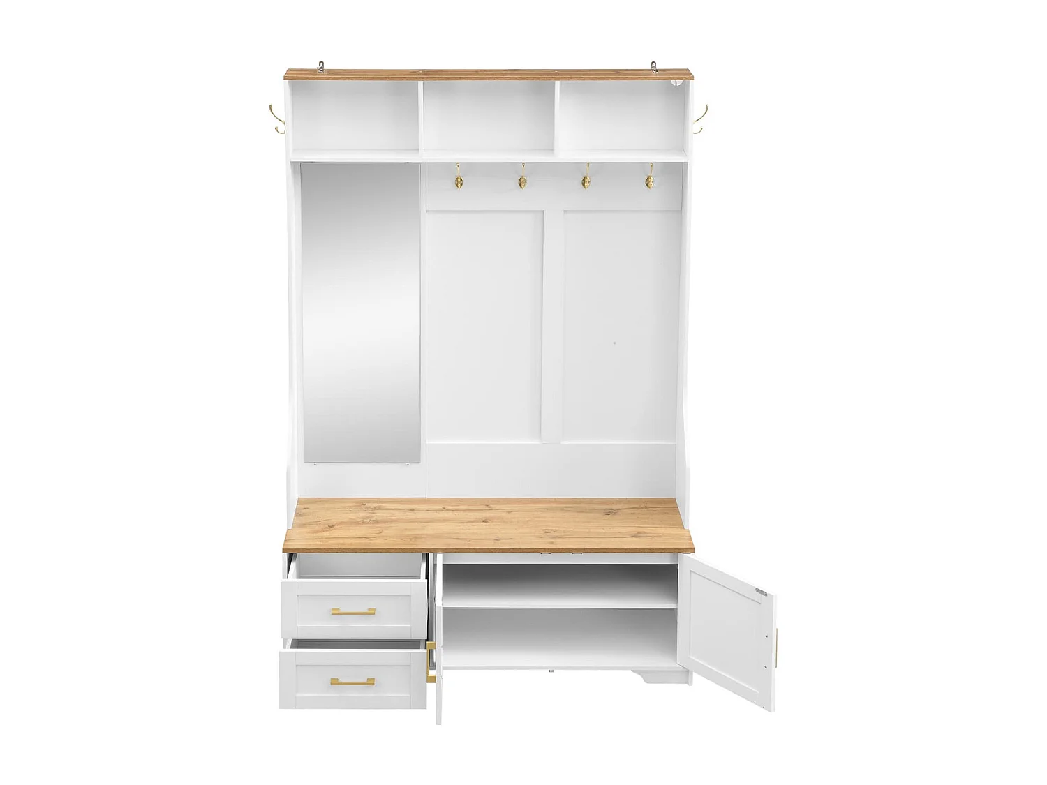 Multifunktionaler Flur- & Schuhschrank mit LED-Beleuchtung, Spiegel, Haken und Schubladen – Moderner Garderobenschrank mit Stauraum und Sitzfläche